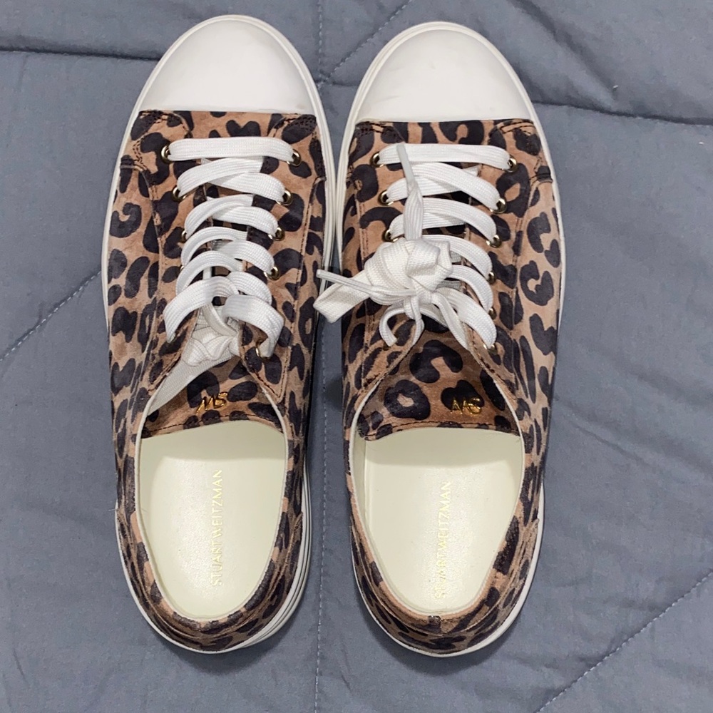 Stuart Weitzman Leopard-Print Low-Top Sneakers with White Toe